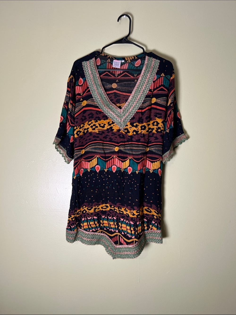 Bohemian V-Neck Printed Tunic Dress in Black and Mustard